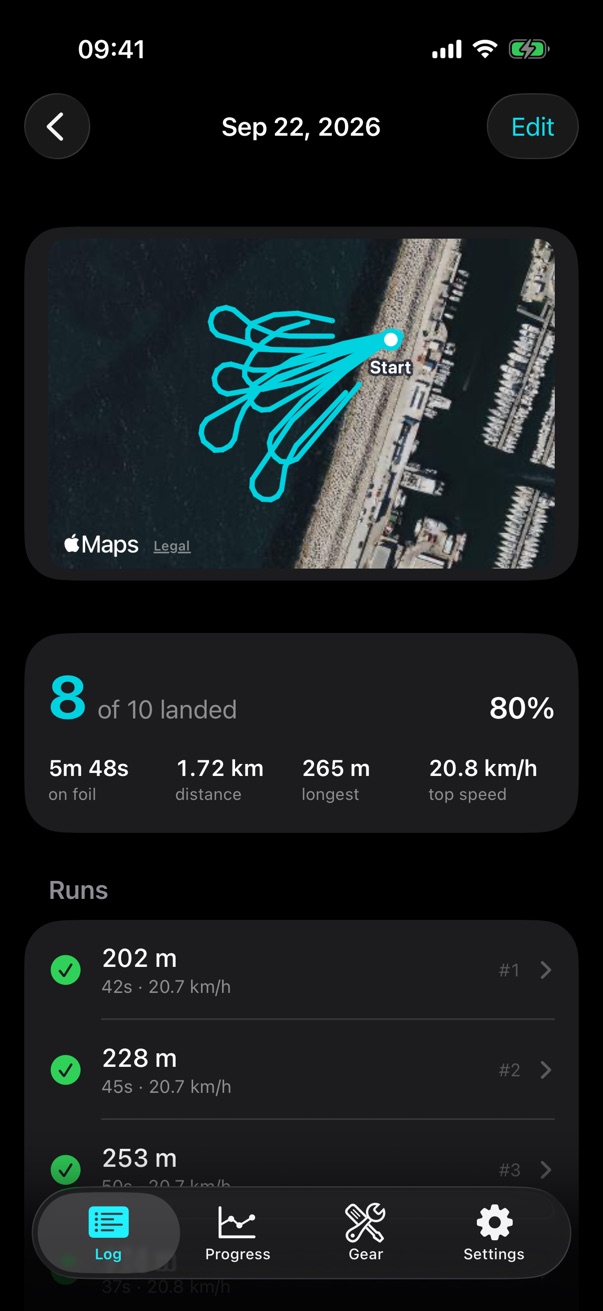 A single session with runs drawn on a satellite map and a list of landed and missed runs