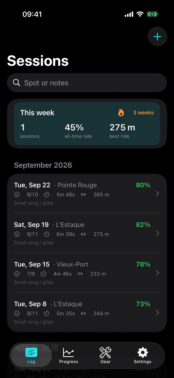 Pumpline session log listing recent sessions with their success rates, time on foil and longest ride